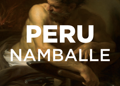 Painting of a large built, muscular bearded man with no shirt,  holding a hammer, leaning on an anvil.  Text overlayed reads: "PERU NAMBALLE"