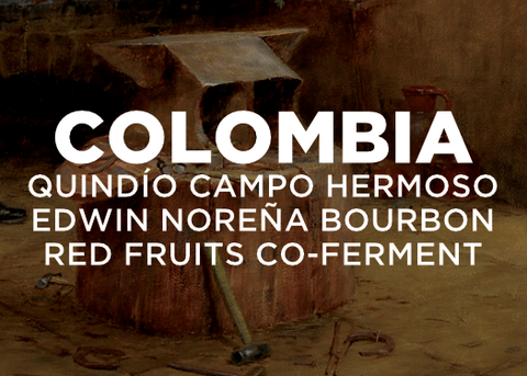 Painting of an anvil mounted on a tree stump in a blacksmith forge.  A hammer rests against the stump.  Text overlayed reads: COLOMBIA Quindío Campo Hermoso Edwin Noreña Bourbon Red Fruits  Co-Ferment.