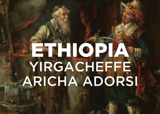 Painting of two men, one a wealthy man, holding a rapier, bending it. The other man is an old bearded blacksmith, they are standing in front of a Forge. Text overlayed over the image reads "ETHIOPIA Yirgacheffe aricha adorsi"