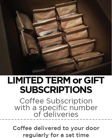 image of 12 bags of coffee packed into an open cardboard shipping box.  Text underneath reads: "LIMITED TERM or GIFT SUBSCRIPTIONS. Coffee subscription with a specific number of deliveries.  Coffee delivered to your door regularly for a set time."