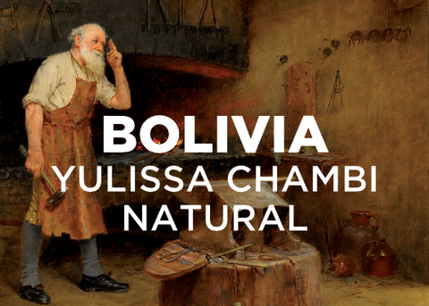 Painting of an old gray bearded blacksmith in an apron, holding a hammer, standing in front of a forge.  There is an anvil on a wood stump with tools on it in front of him.  Text overlayed reads: "BOLIVIA YULISSA CHAMBI NATURAL"