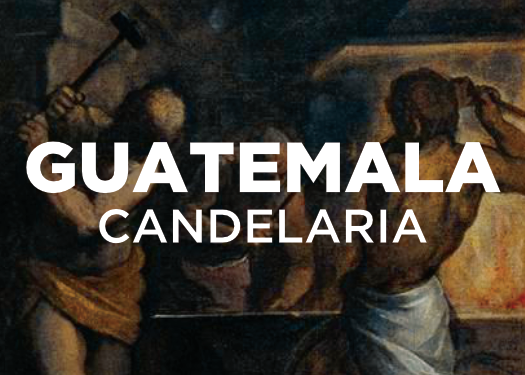 Artistic depiction of a men swinging hammers on an anvil with text 'Guatemala Candelaria' overlayed.