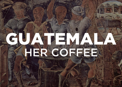 vintage Artistic depiction of woman blacksmiths hammering metal at an anvil with text 'GUATEMALA HER COFFEE' overlayed.