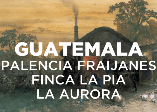 painting of a thatched roof rural home with smoke coming out of the chimney. A wagon with large wooden wheels is parked to the side. A blacksmith is working inside silhouetted by the fire from the forge. Text overlayed reads "Guatemala palencia fraijanes finca la pia LA AURORA"