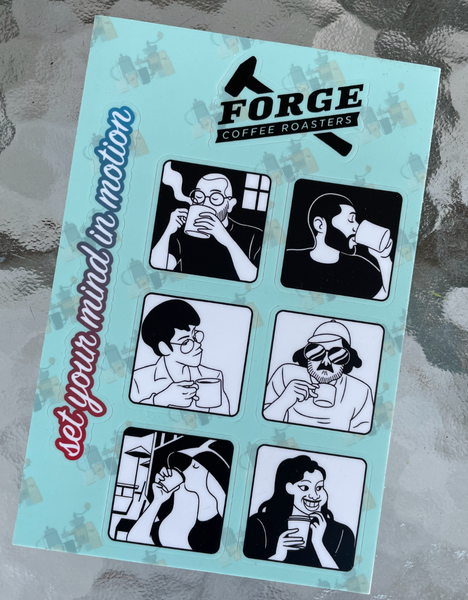 Sticker sheet with multiple stickers, characters, logo, slogan.