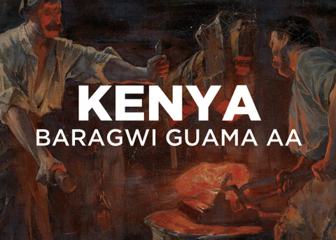A painting of two blacksmiths working metal on an anvil at a Forge.  Red light from the glowing hot iron reflects on them.  Text overlayed reads: "KENYA BARAGWI GUAMA AA"