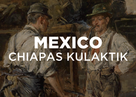 Painting of two blacksmiths standing over an anvil, one with. a. smoking pipe.  Text overlayed reads: "MEXICO CHIAPAS KULAKTIK"