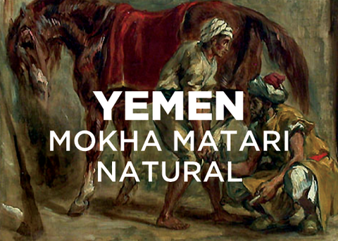 painting of a horse and two men, changing a horse shoe.  Text overlayed reads: "YEMEN MOKHA MATARI NATURAL"