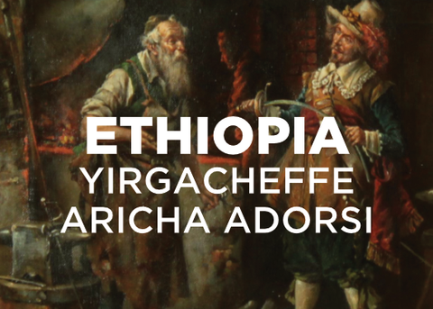 Painting of two men, one a wealthy man, holding a rapier, bending it.  The other man is an old bearded blacksmith, they are standing in front of a Forge.  Text overlayed over the image reads "ETHIOPIA Yirgacheffe aricha adorsi"