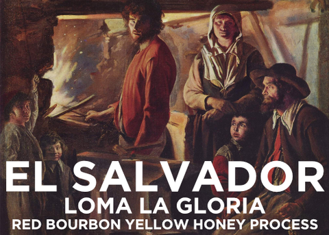 painting of a family sitting by a burning forge with an anvil in the foreground. A man in a red shirt is heating metal, while the three children, woman in a bonnet, and older man are posing in the room with him.  Text in the foreground reads "EL SALVADOR LOMA LA GLORIA RED BOURBON YELLOW HONEY PROCESS
