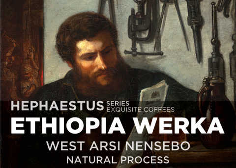 Painting of a man with a beard reading a newspaper, with blacksmith tools on the wall behind him. Text is over-layed on the image. The text reads "Hephaestus series exquisite coffees. Ethiopia Werka west arsi nensebo natural process".