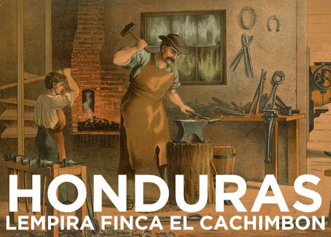 image of a blacksmith at an anvil pounding iron with a hammer.  A young boy is in the background tending the fire.  Tools are on a shelf behind the blacksmith. The blacksmith is wearing a hat and has a mustache.  Text on the image reads "HONDURAS LEMPIRA FINCA EL CACHIMBON"