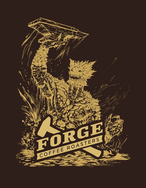 Dark background with light yellow illustration of a monster made of rocks, emerging from lava, holding an anvil.  FORGE COFFEE ROASTERS logo overlayed middle bottom of the image.