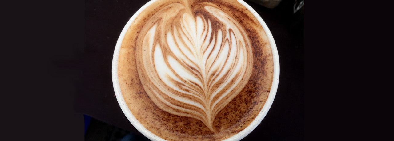 image of a coffee drink with milk and chocolate featuring an artistic rosetta pattern.